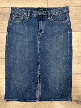 Lauren Ralph Lauren Women’s Denim Midi Skirt Size 8 Blue Stretch Classic Capsule